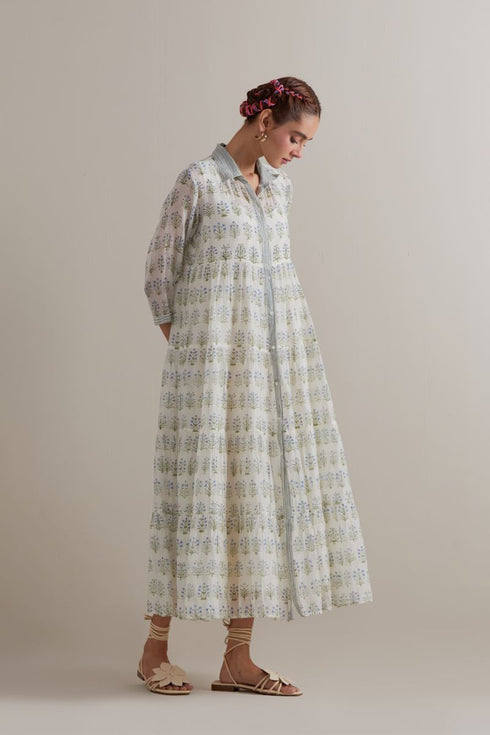 Aranya blue and green printed multi-tiered kurta set