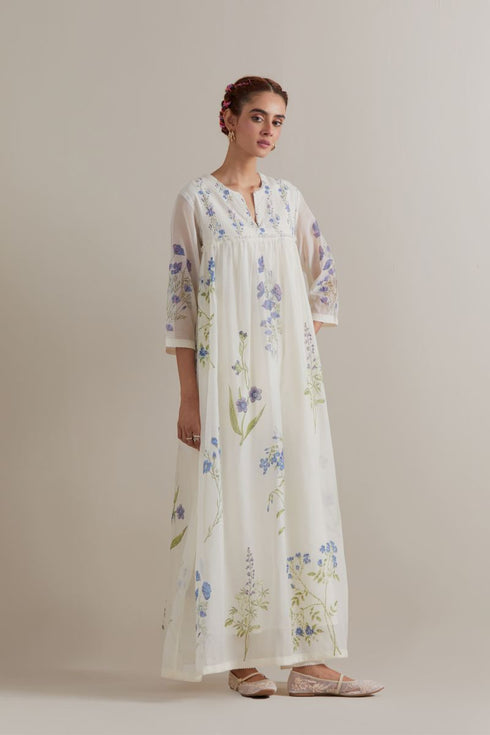 Aranya blue and green printed single tiered kurta set