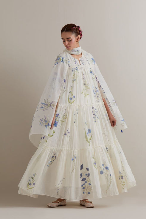 Aranya blue and green printed three-tiered kurta set