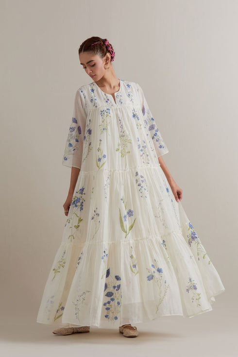 Aranya blue and green printed three-tiered kurta set