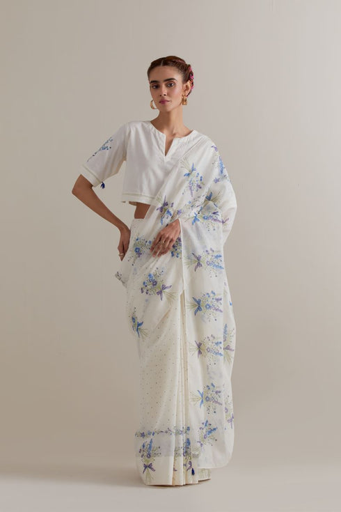 Aranya blue and green printed with polka dots sari set