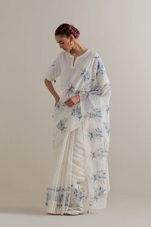 Aranya blue and green printed with polka dots sari set