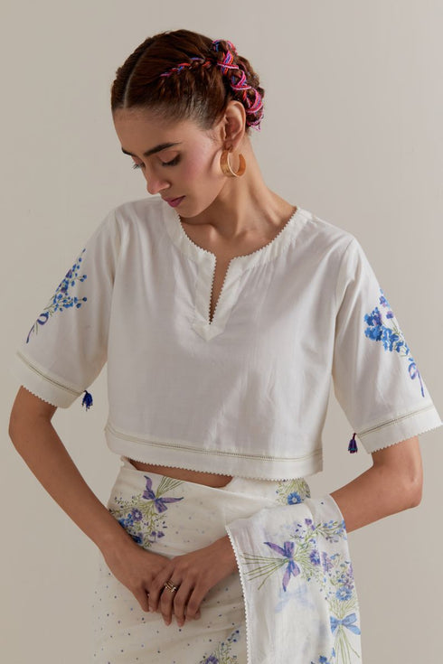 Aranya blue and green printed with polka dots sari set