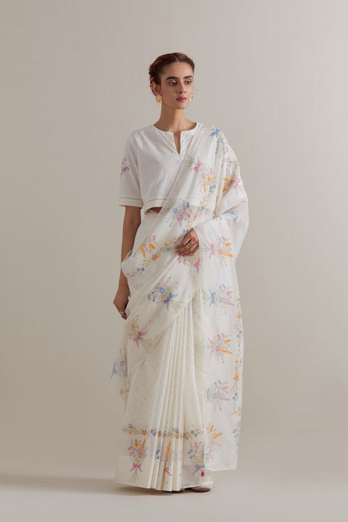 Aranya multi-color printed with polka dots sari set