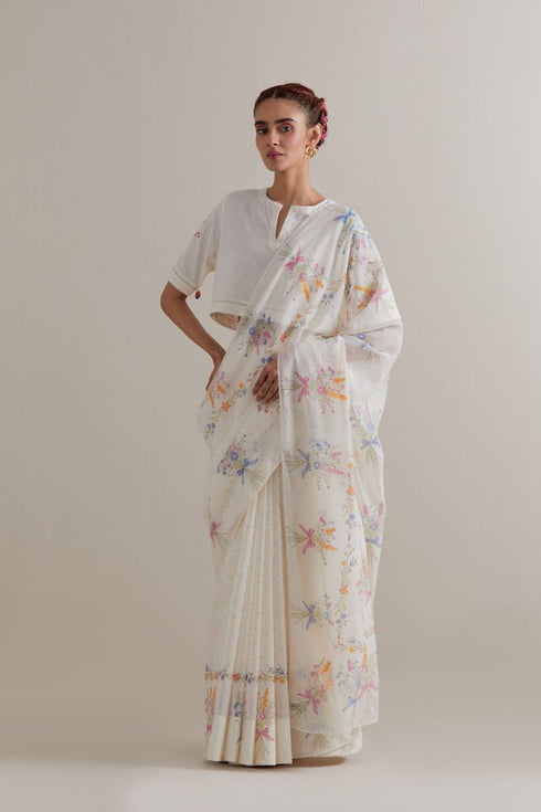 Aranya multi-color printed with polka dots sari set