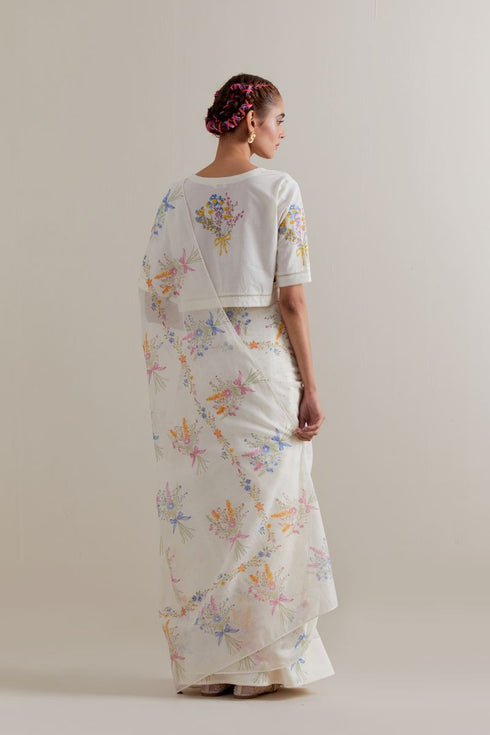 Aranya multi-color printed with polka dots sari set