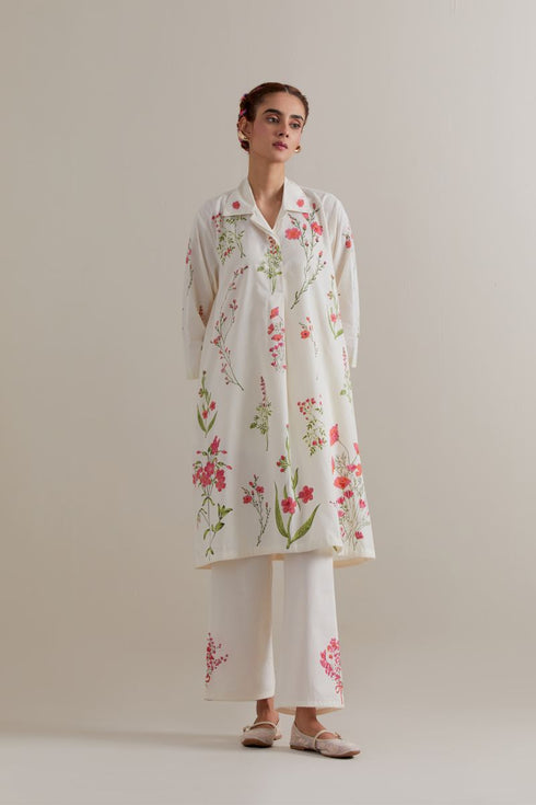 Aranya pink and green printed A-line short kurta set