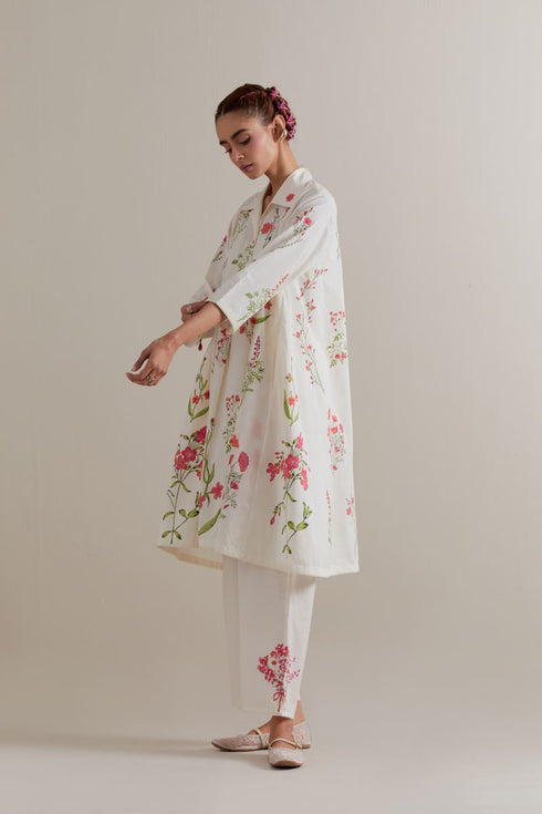Aranya pink and green printed A-line short kurta set