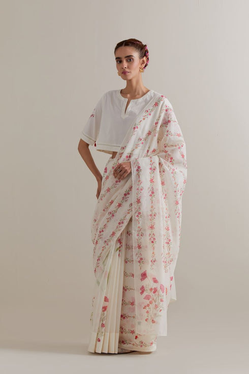 Aranya pink and green printed chanderi sari set