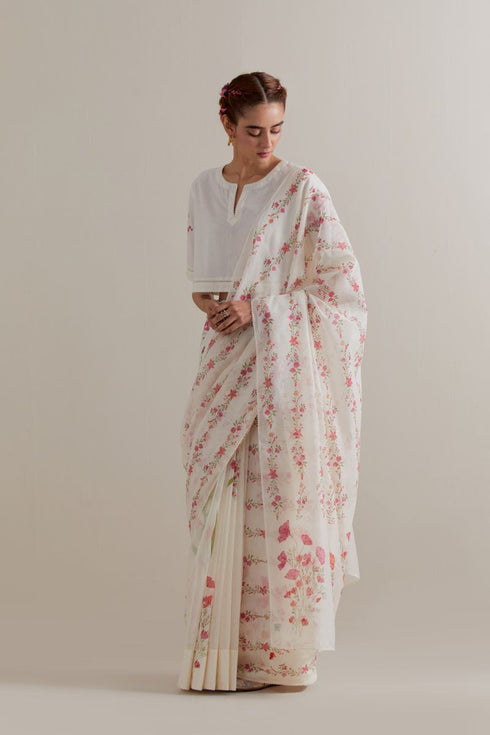 Aranya pink and green printed chanderi sari set