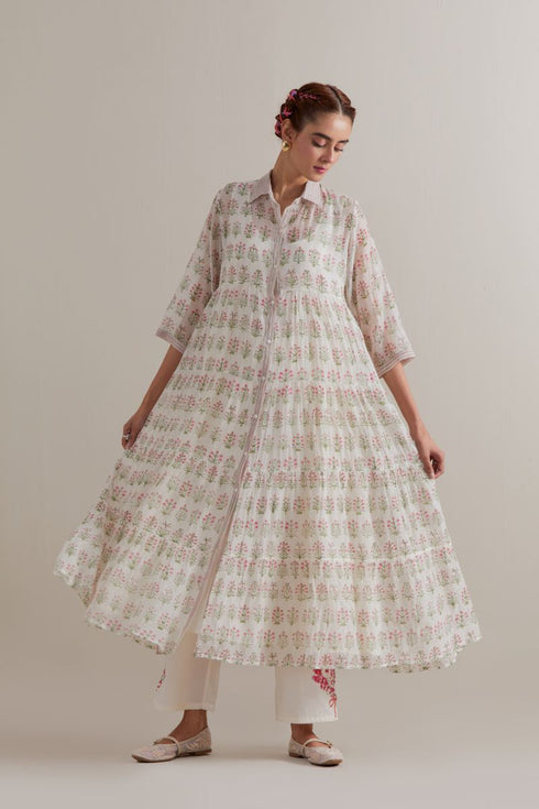 Aranya pink and green printed multi-tiered kurta set