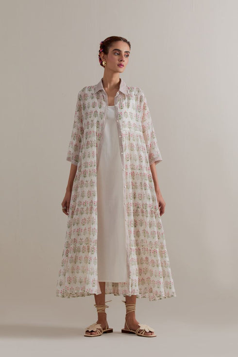 Aranya pink and green printed multi-tiered kurta set