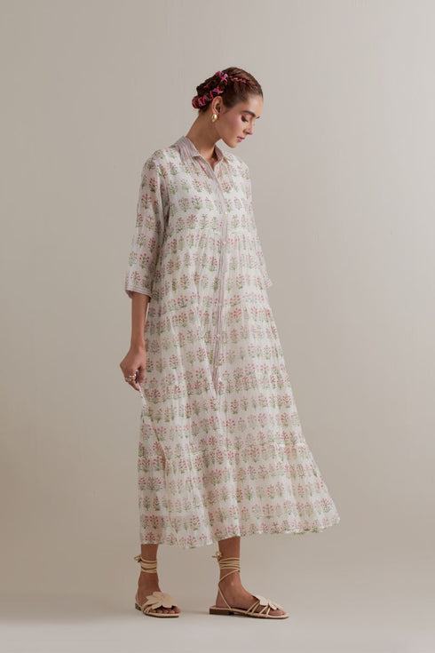 Aranya pink and green printed multi-tiered kurta set