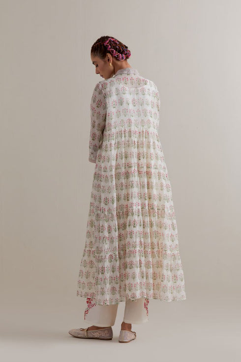 Aranya pink and green printed multi-tiered kurta set