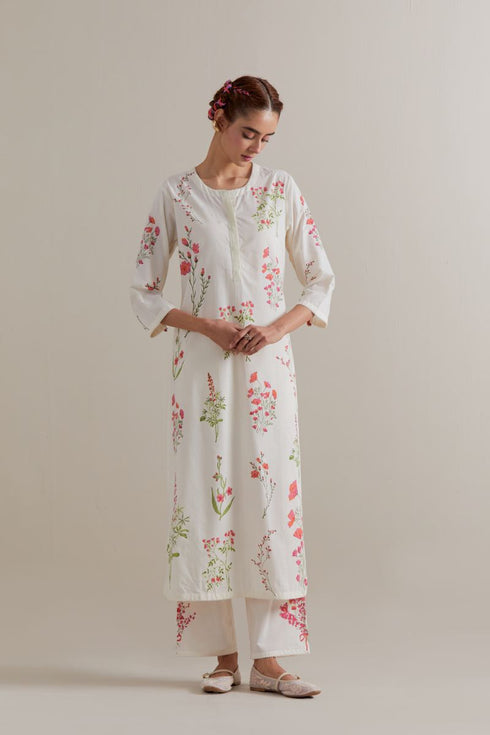 Aranya pink and green printed straight long kurta set
