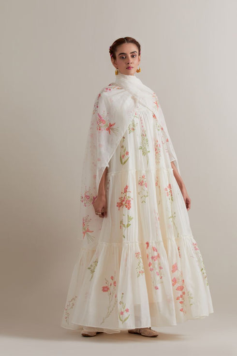 Aranya pink and green printed three-tiered kurta set
