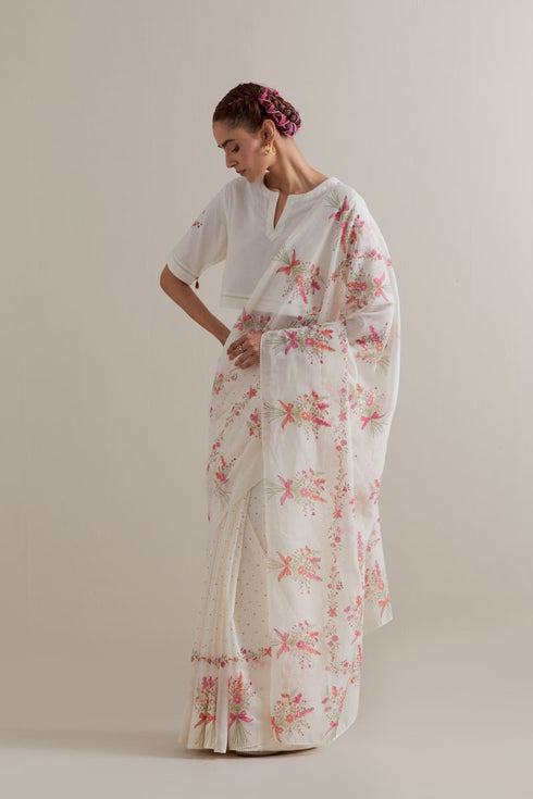 Aranya pink and green printed with polka dots sari set