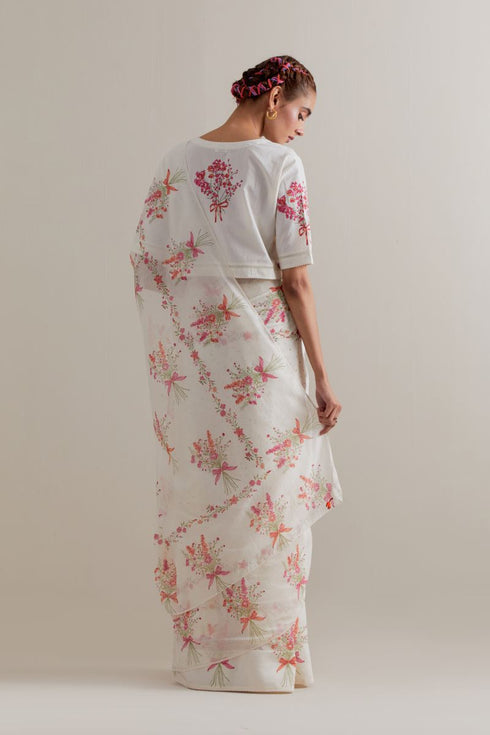 Aranya pink and green printed with polka dots sari set