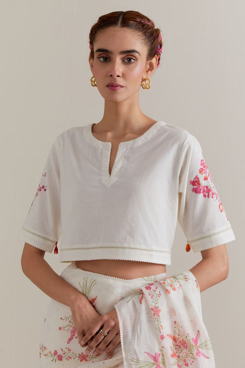 Aranya pink and green printed with polka dots sari set