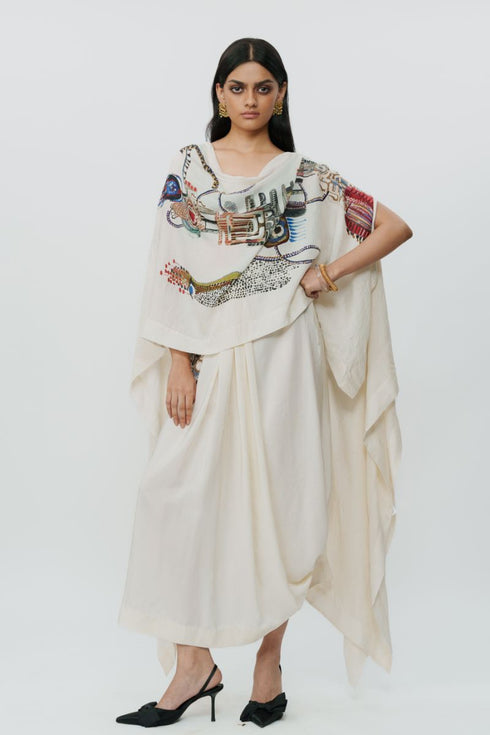 Astral print cape with crop top & lungi skirt