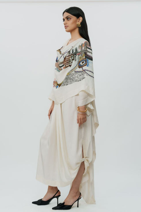 Astral print cape with crop top & lungi skirt