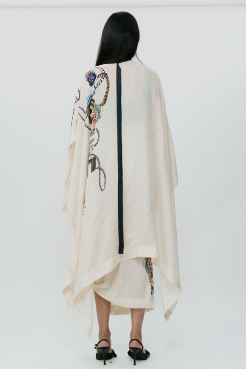 Astral print cape with crop top & lungi skirt