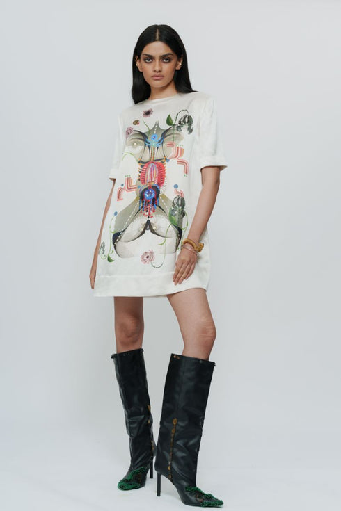 Astral print off white short dress