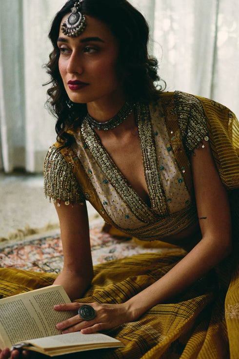 Avni basant yellow, grey and beige blouse