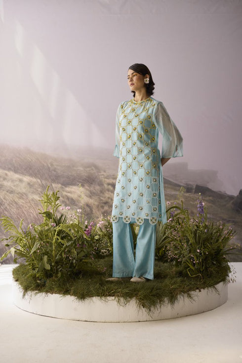 Azure beaded checkered kurta