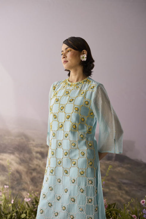 Azure beaded checkered kurta