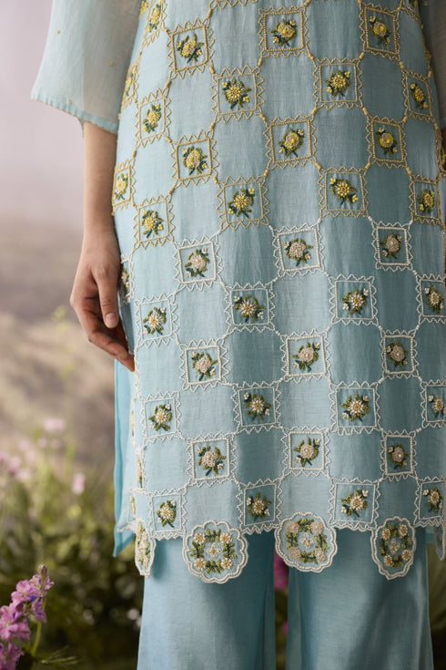 Azure beaded checkered kurta