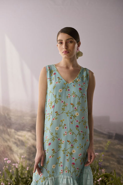 Azure floral V neckline dress