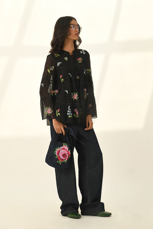 Baccara black tiered embroidered top