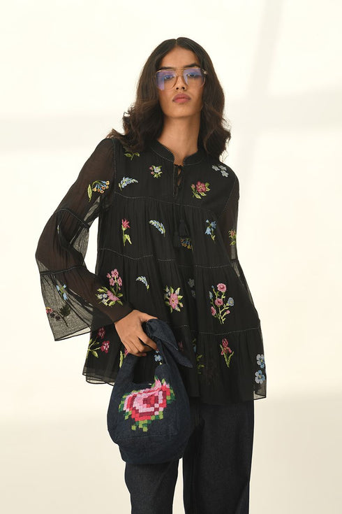 Baccara black tiered embroidered top