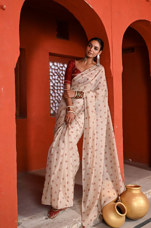 Bagh boota beige and red sari set