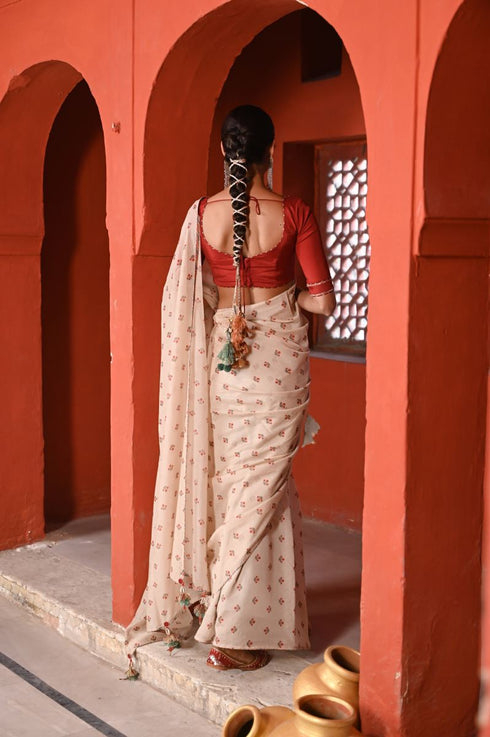 Bagh boota beige and red sari set