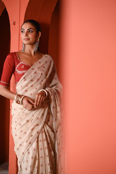 Bagh boota beige and red sari set