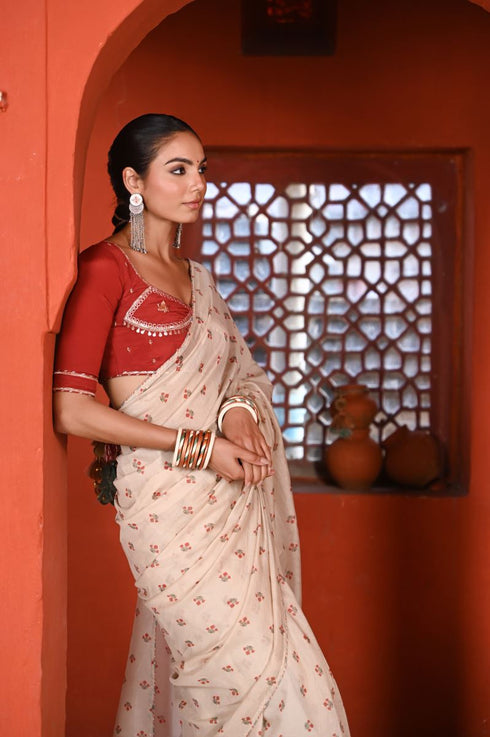 Bagh boota beige and red sari set