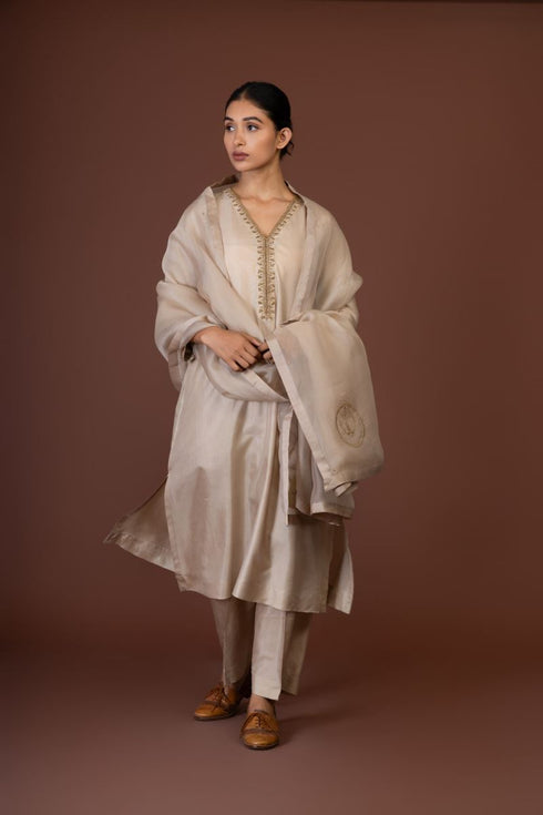 Barsana beige overlay kurta set