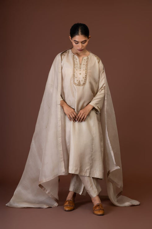 Barsana beige yoke embroidered kurta set