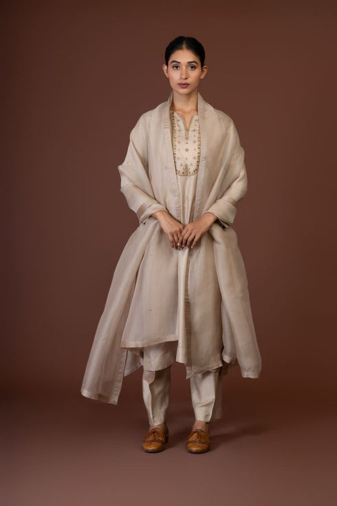 Barsana beige yoke embroidered kurta set