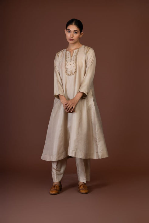 Barsana beige yoke embroidered kurta set