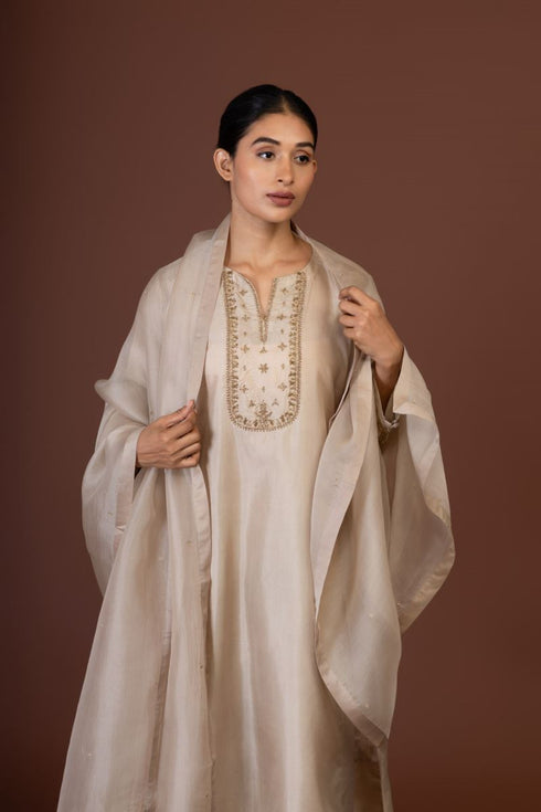 Barsana beige yoke embroidered kurta set