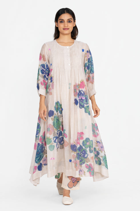 Beige floral print pleated dress