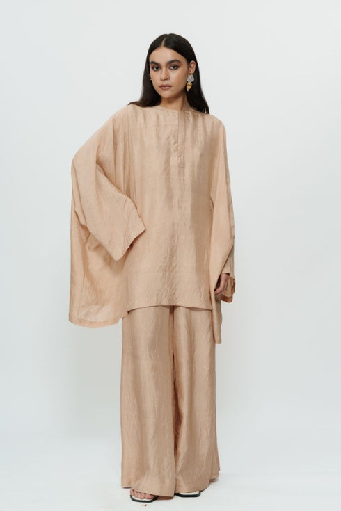 Beige kaftan kurta with broad pants