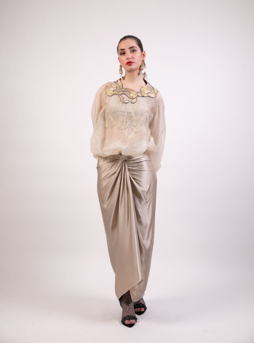 Sheer Organza Top With Ruffled Balloon Sleeves