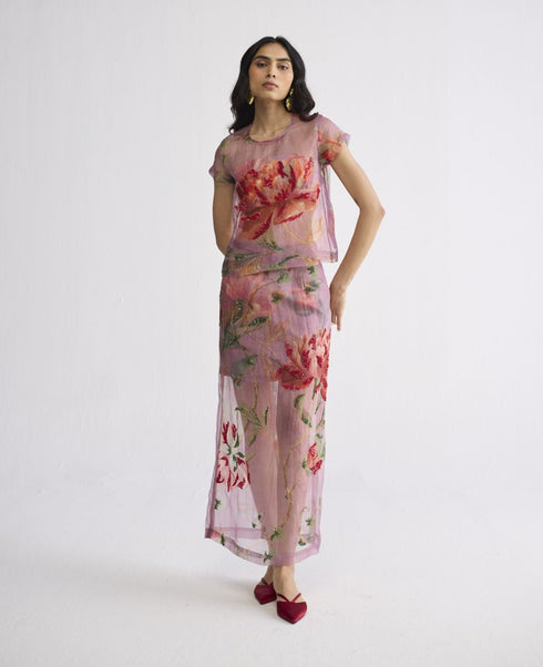 Berry embroidered organza top and skirt set