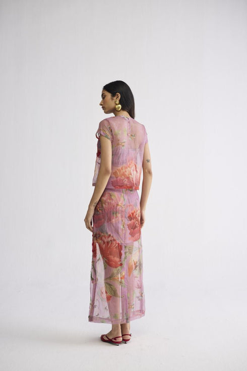 Berry embroidered organza top and skirt set