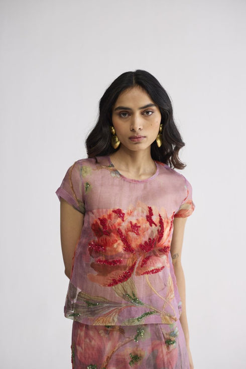 Berry embroidered organza top and skirt set