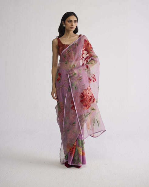 Berry embroidered silk and organza sari